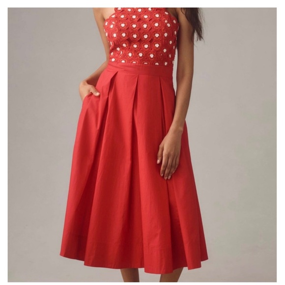 Anthropologie Red Midi Dress with White Floral Design - Picture 2 of 5
